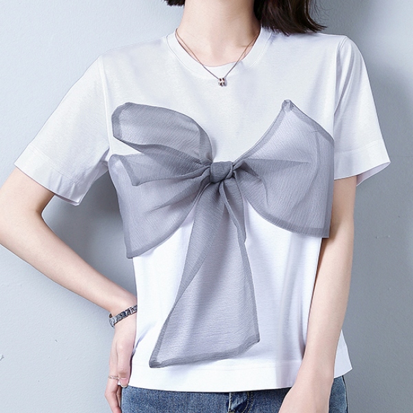 超可愛い リボン飾り ラウンドネック 半袖 ファッション 夏らしい Tシャツ -cy.com